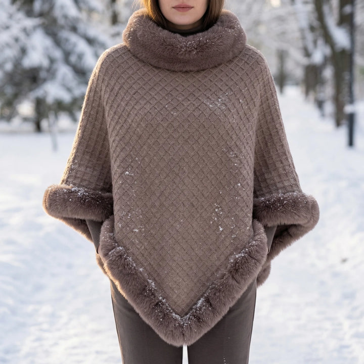 Women’s Knit Poncho with Faux Fur Trim and Oversized Fit