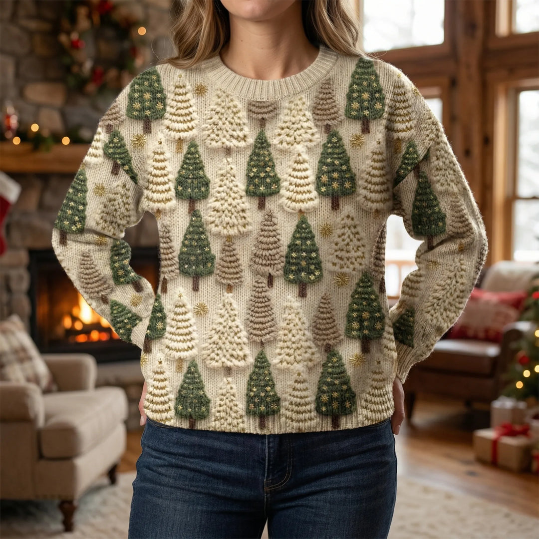 Women's Knit Sweater with Tree Pattern and Round Neckline