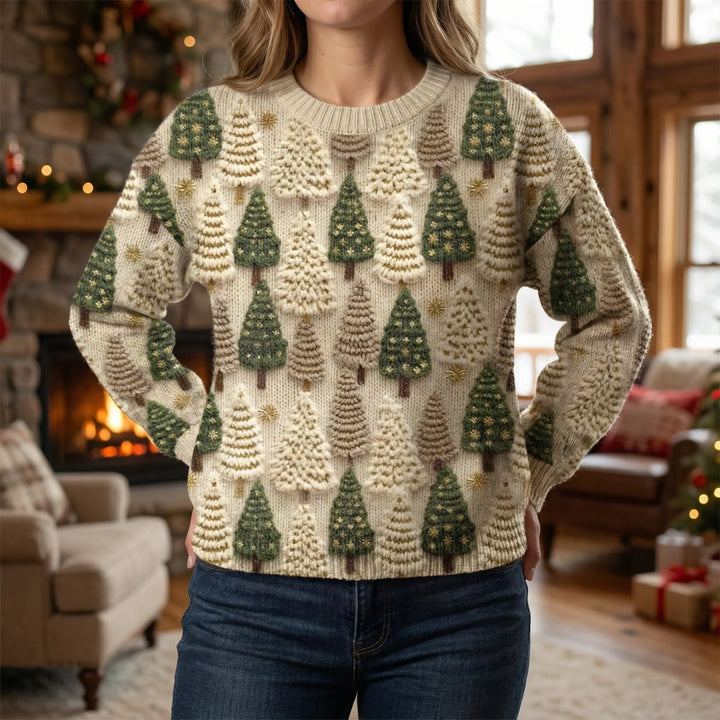 Women's Knit Sweater with Tree Pattern and Round Neckline