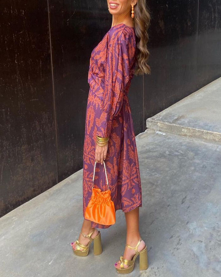 Printed Midi Dress with Knot Front and Deep V-Neck
