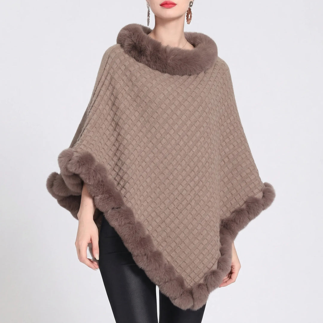Women’s Knit Poncho with Faux Fur Trim and Oversized Fit