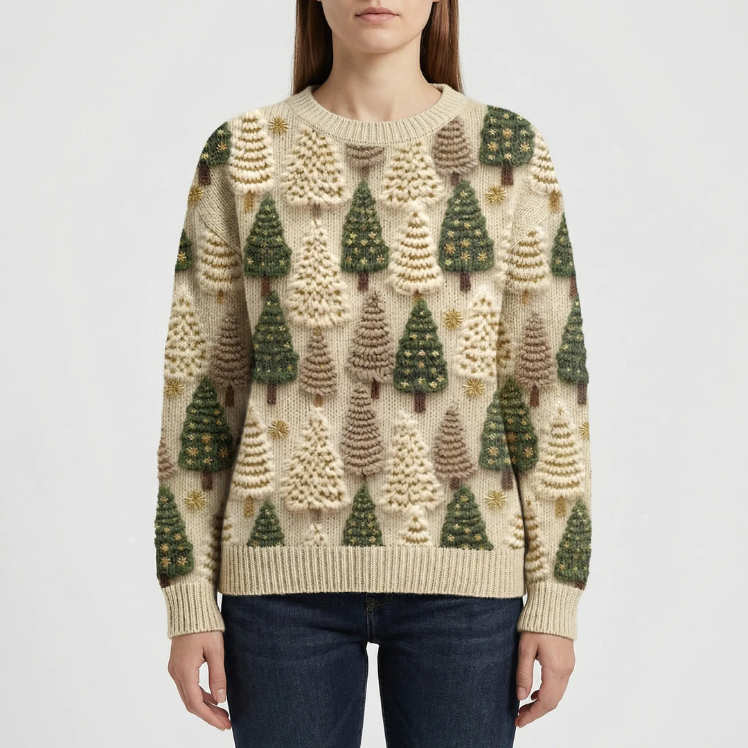 Women's Knit Sweater with Tree Pattern and Round Neckline