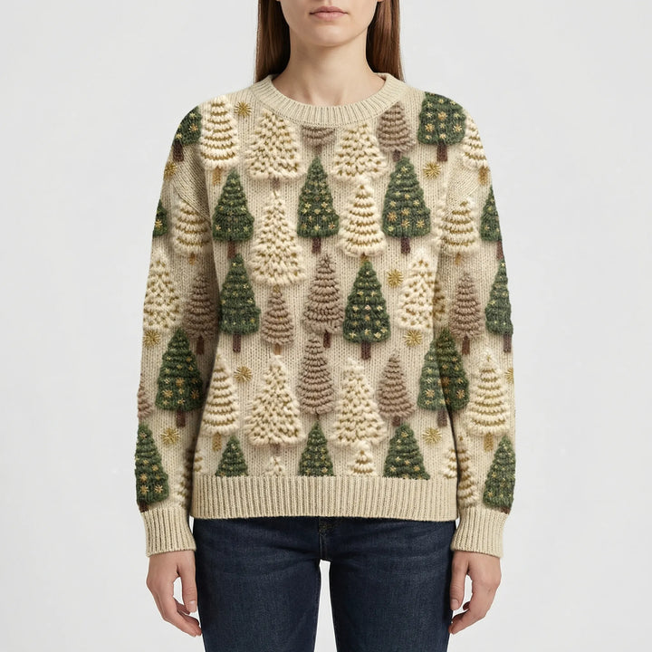 Women's Knit Sweater with Tree Pattern and Round Neckline