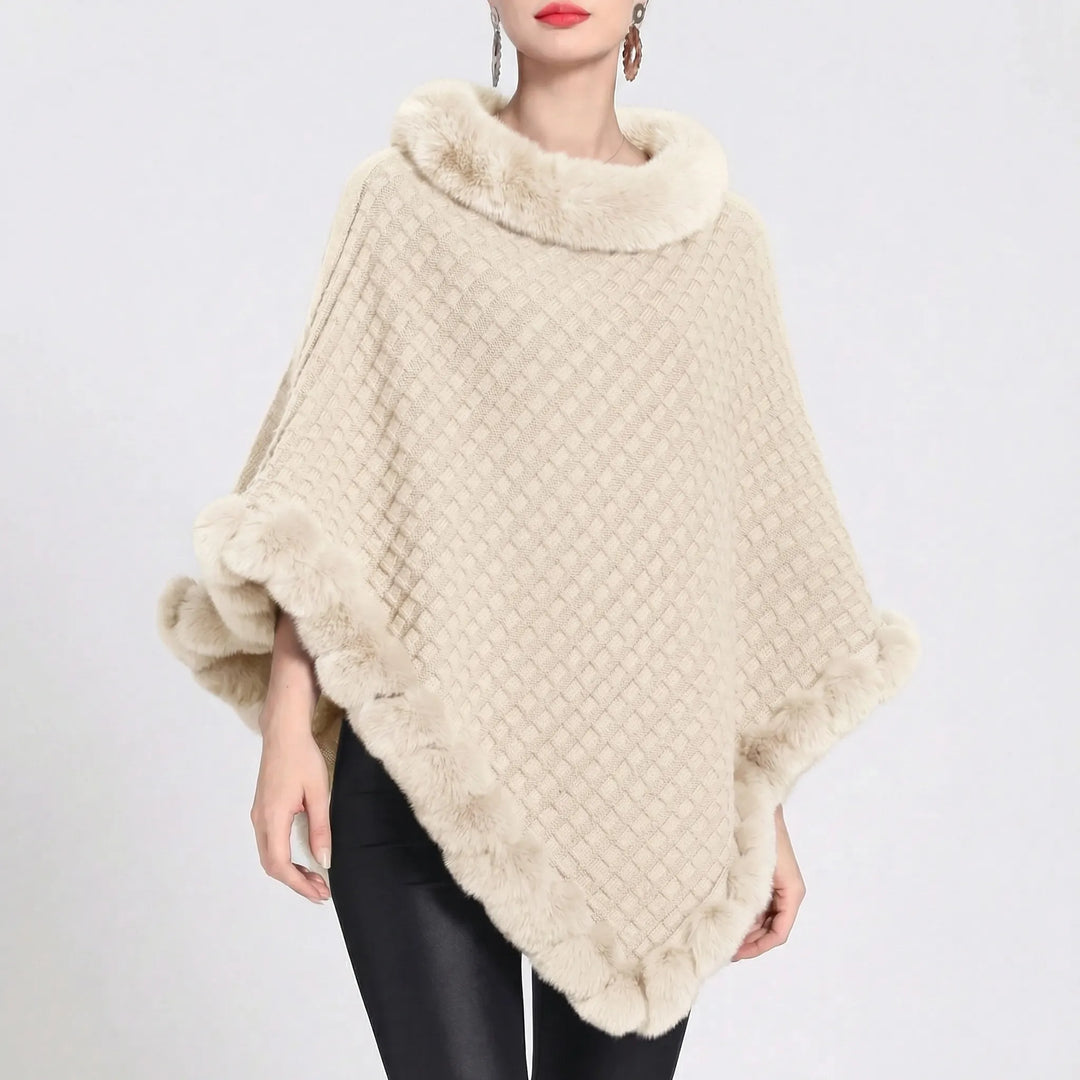 Women’s Knit Poncho with Faux Fur Trim and Oversized Fit
