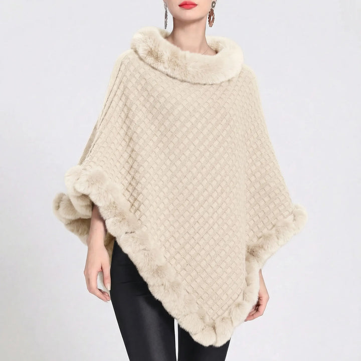 Women’s Knit Poncho with Faux Fur Trim and Oversized Fit