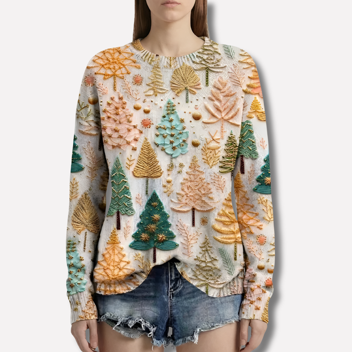 Women's Knit Sweater with Tree Pattern and Round Neckline
