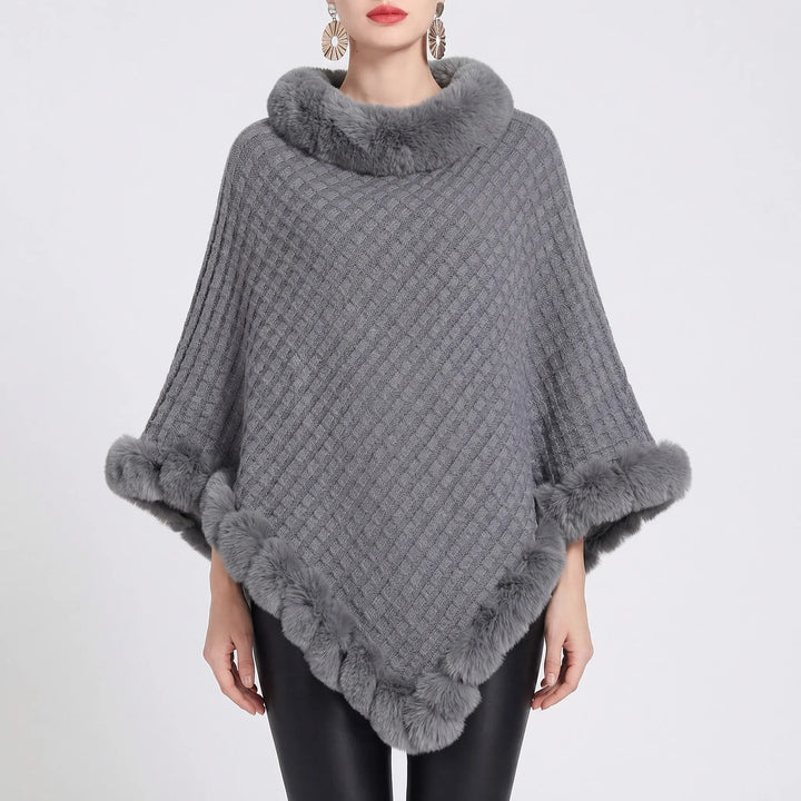 Women’s Knit Poncho with Faux Fur Trim and Oversized Fit