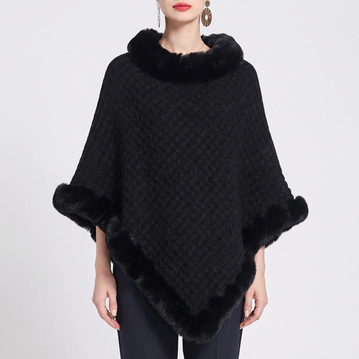 Women’s Knit Poncho with Faux Fur Trim and Oversized Fit