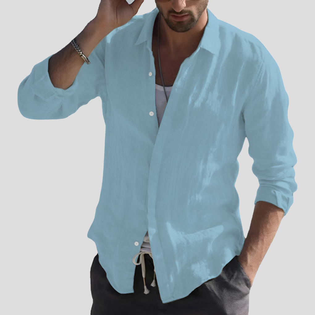 Vintage Solid Linen Shirt with Turn-Down Collar