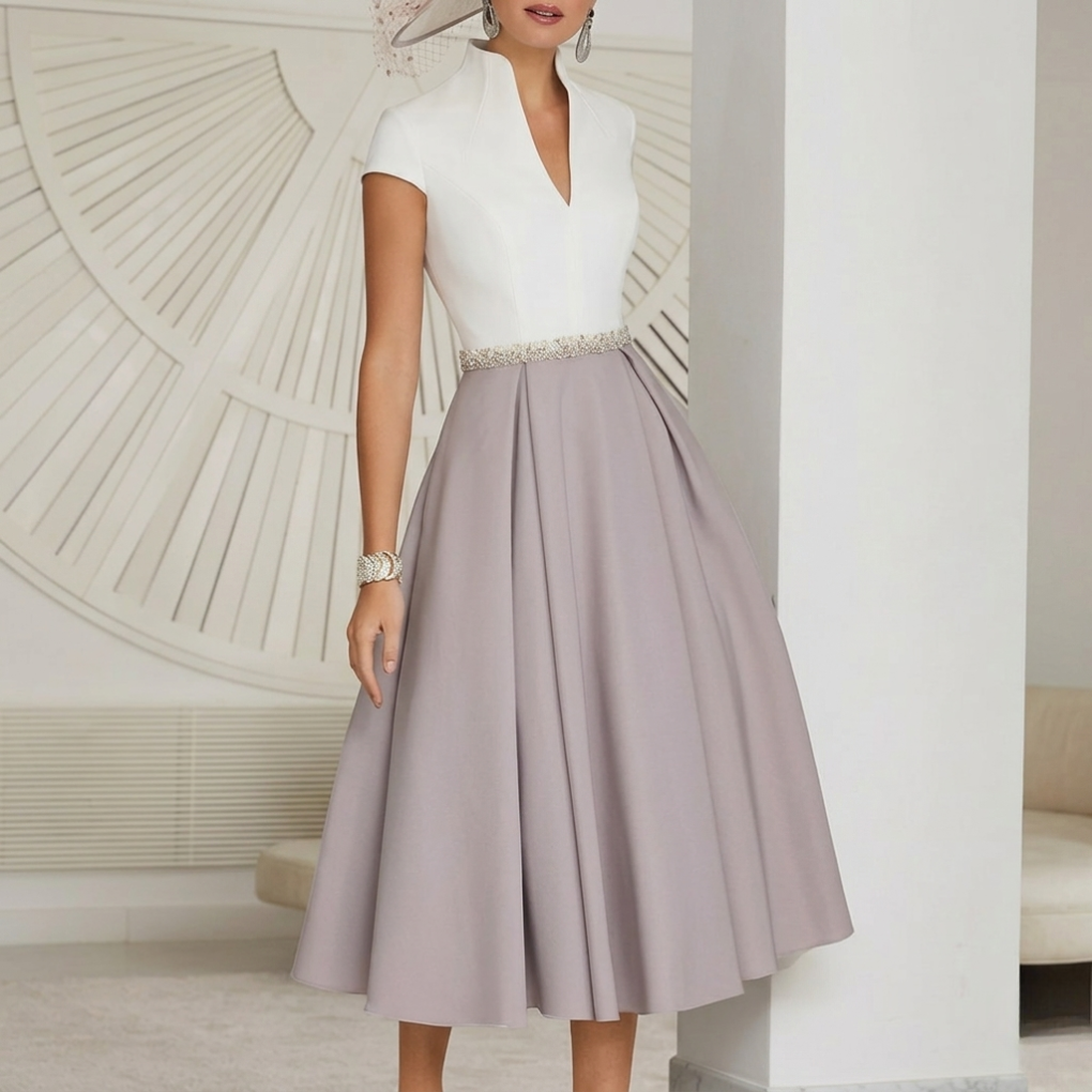 White Colorblock V-Neck Flared Summer Dress