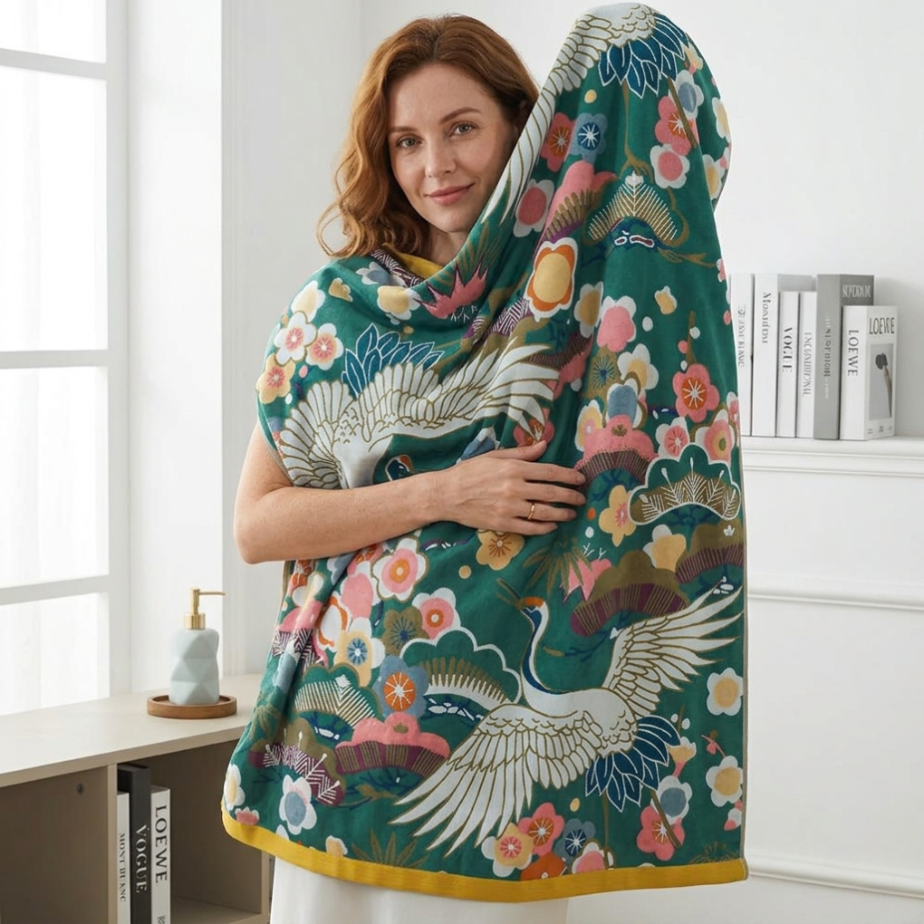 Lush Flower Cranes Bath Towel – Elegant Comfort with Artistic Flair