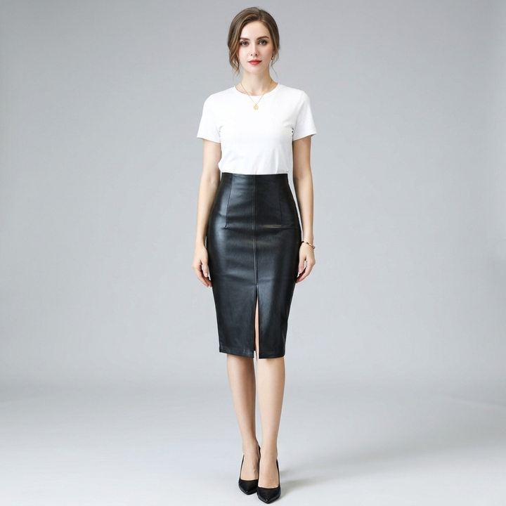 Raina – Elegant Faux Leather High-Waist Pencil Skirt