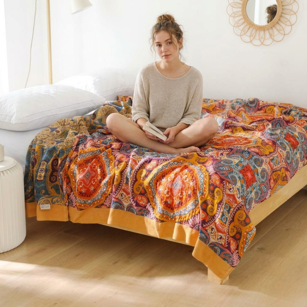 Sunrise Boho Reversible Blanket – Artistic Warmth with Dual-Sided Design