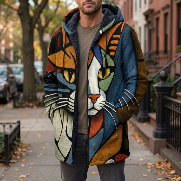 Unisex Hooded Zip Cardigan with Cat Print Design