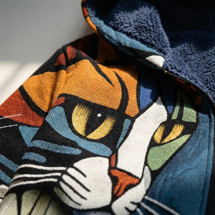 Unisex Hooded Zip Cardigan with Cat Print Design