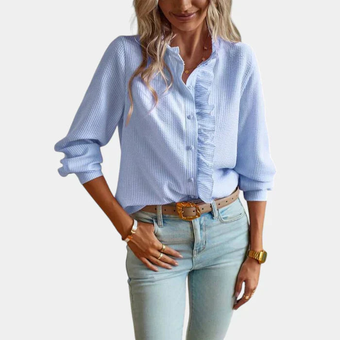 Striped Women's Blouse with Ruffles and Elegant Button Closure