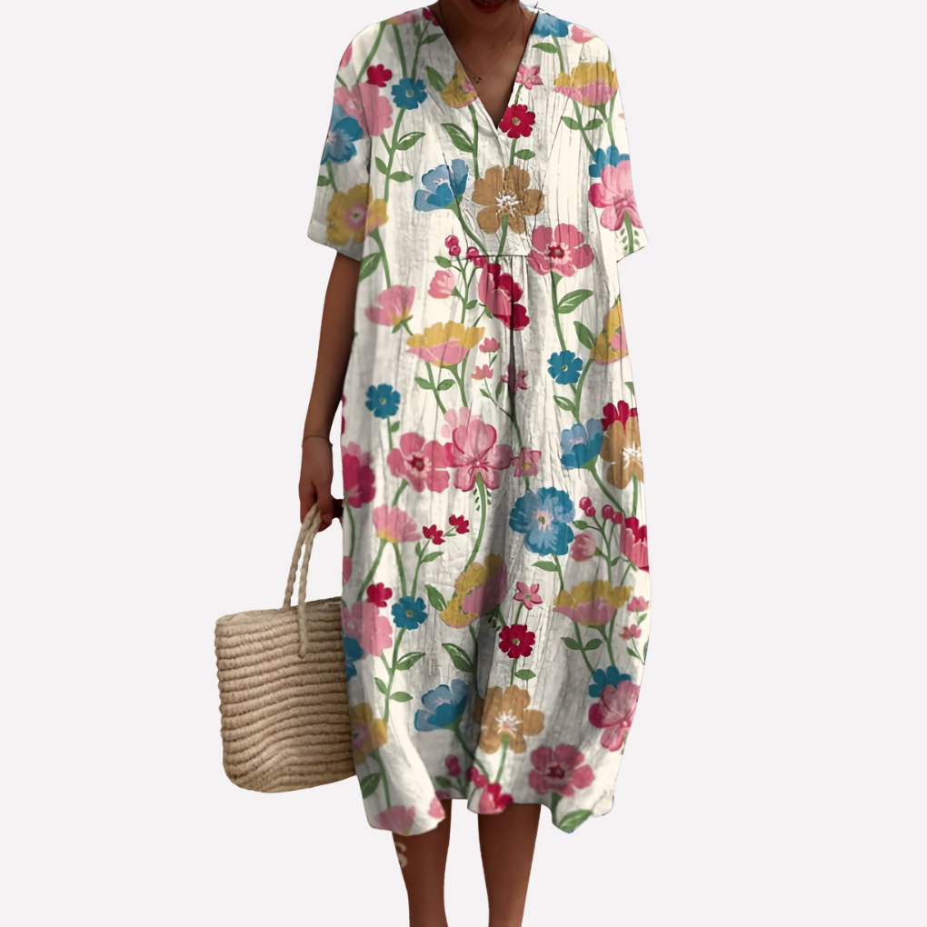 Women’s Floral Summer Dress – V‑Neck &amp; Short Sleeves