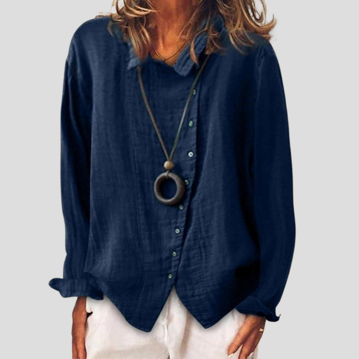 Women’s Blue Button Lapel Long-Sleeve Shirt