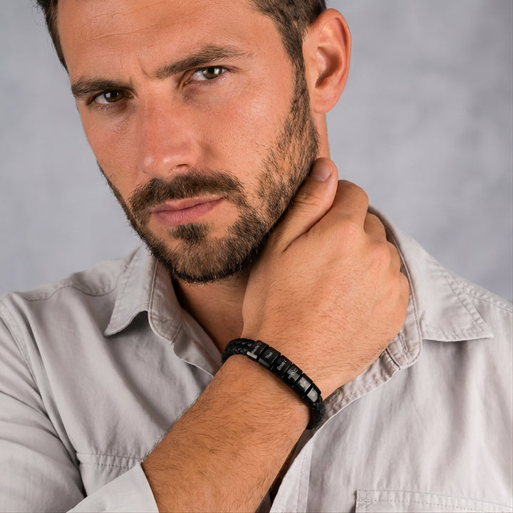 Men's Black Bracelet with Engraved Beads