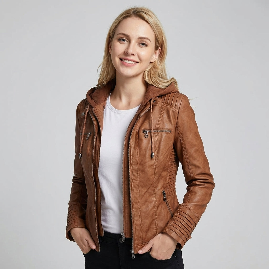 Melody – Faux Leather Biker Jacket with Hood