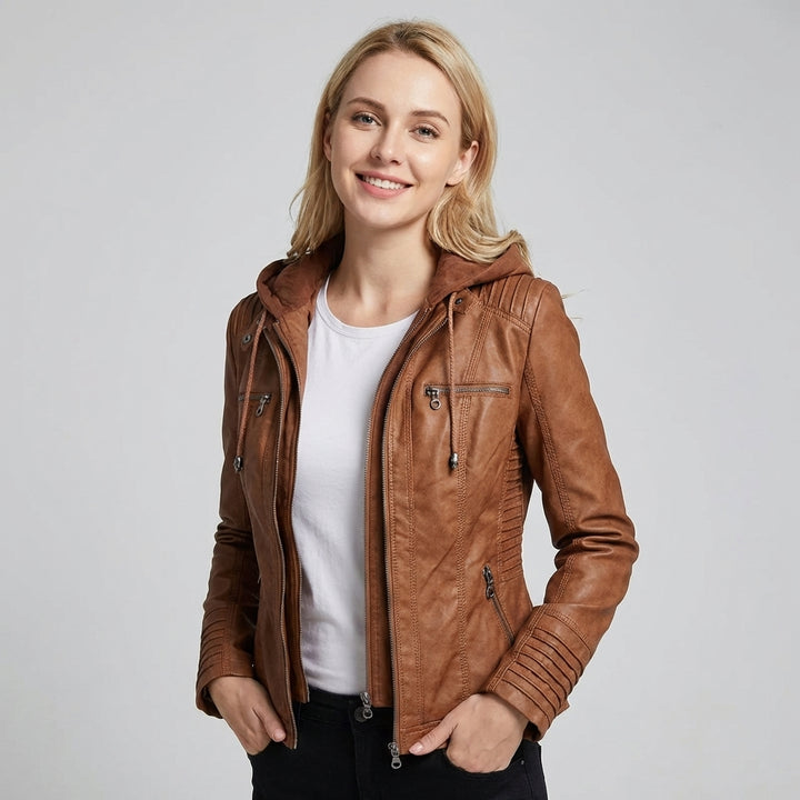 Melody – Faux Leather Biker Jacket with Hood