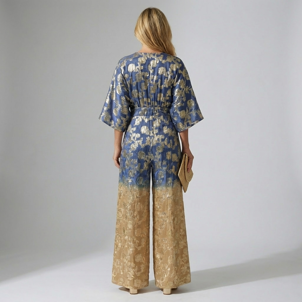 V-Neck Backless Jumpsuit with Gradient Print for Women