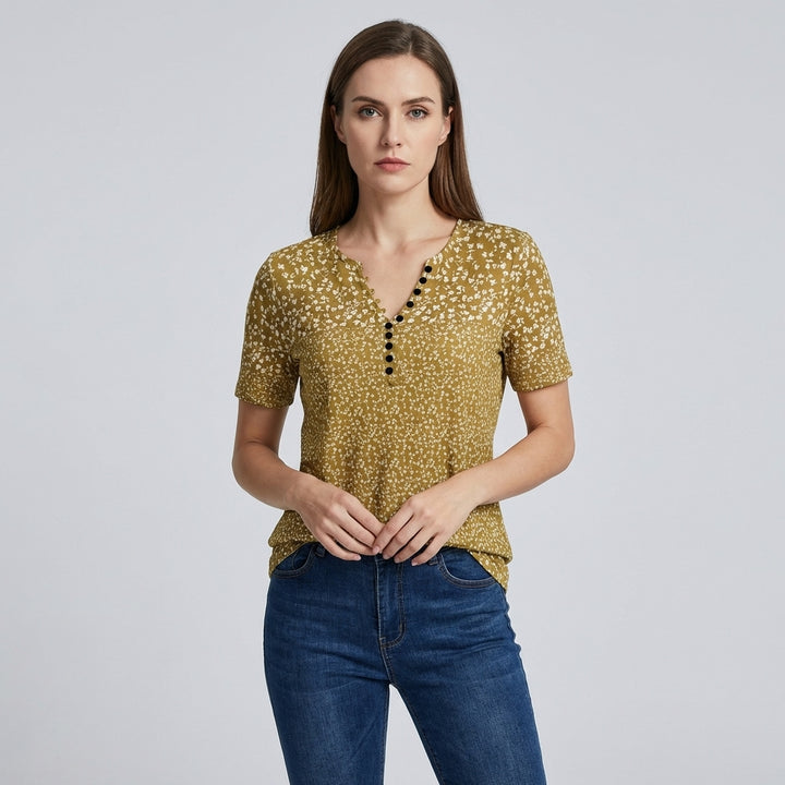 Casual Summer Top with V-Neck, Button Closure, and Short Sleeves