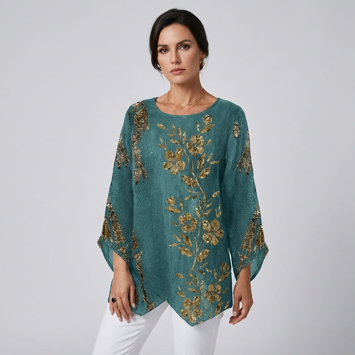 Golden Floral Long-Sleeve Blouse – Casual Elegance with Feminine Artistry