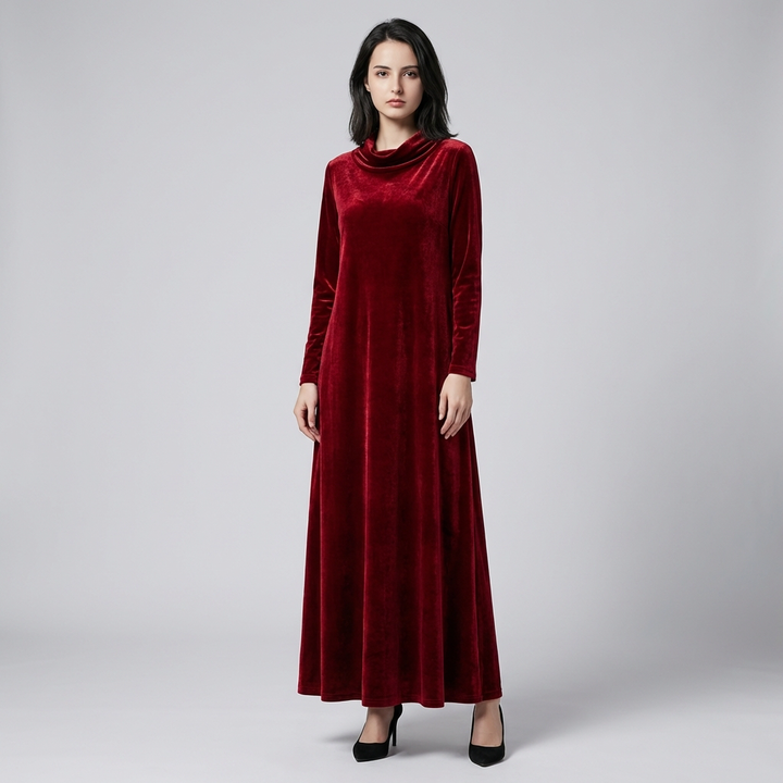 Women’s Velvet Wine-Red Long-Sleeve Dress
