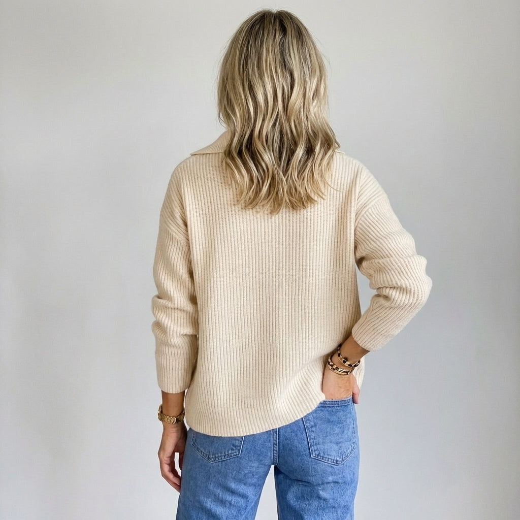 Women’s Lapel Jumper – Apricot Graphic Accent Design