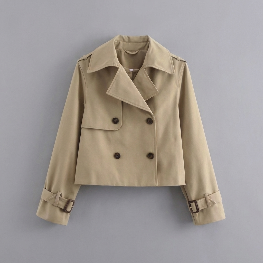Women’s Cropped Trench Coat with Double Buttons