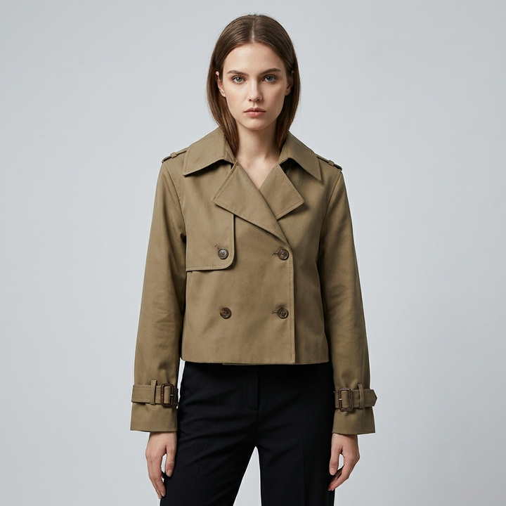 Women’s Cropped Trench Coat with Double Buttons