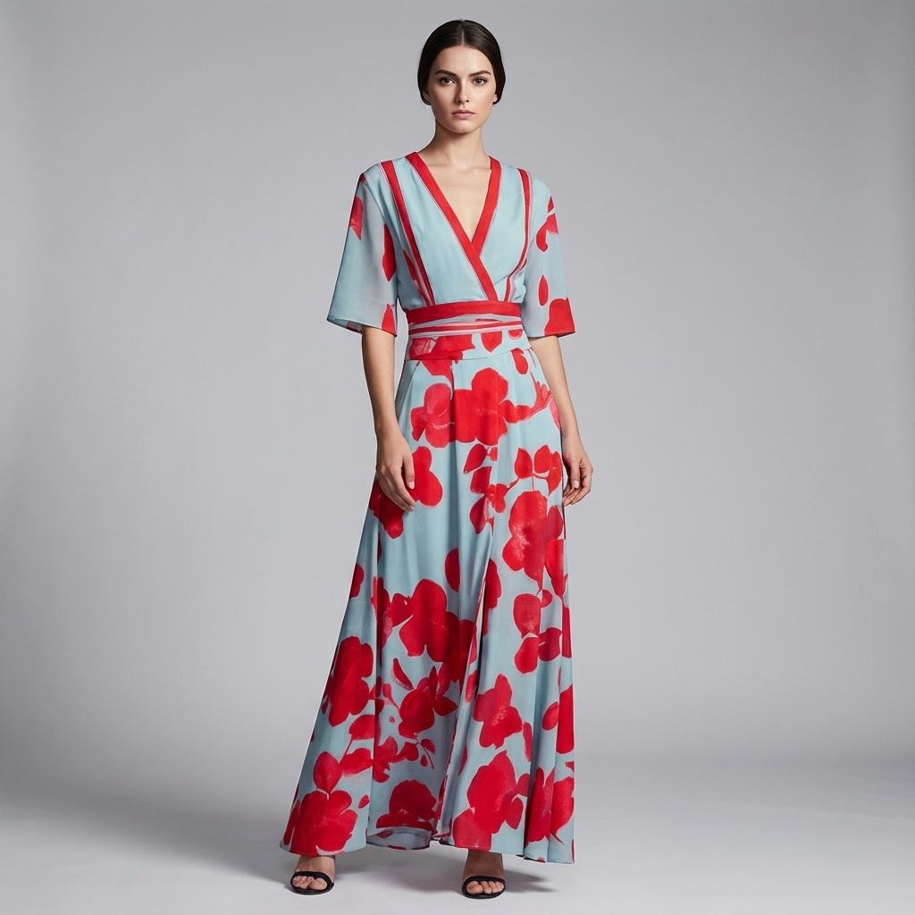Women’s Long Floral V‑Neck Dress