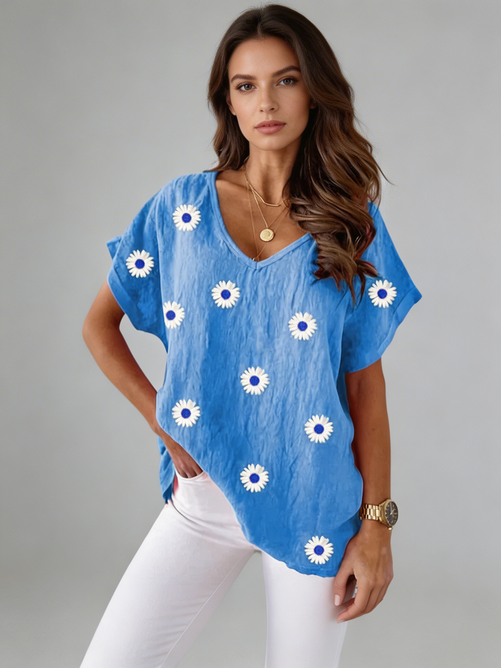 Casual V-Neck T-Shirt with 3D Floral Print