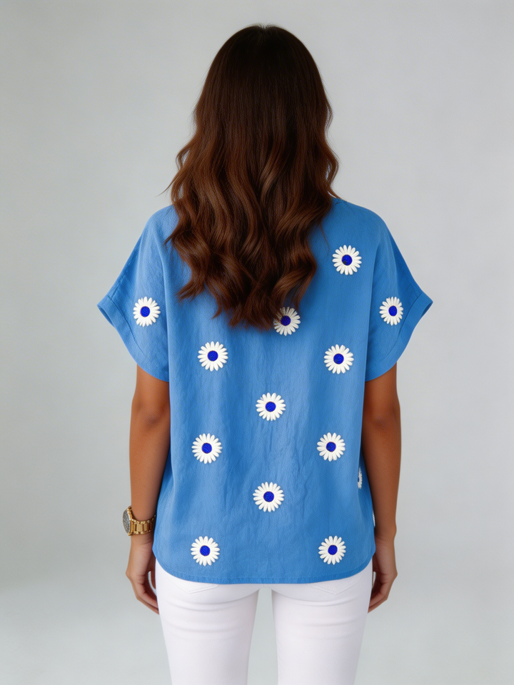 Casual V-Neck T-Shirt with 3D Floral Print