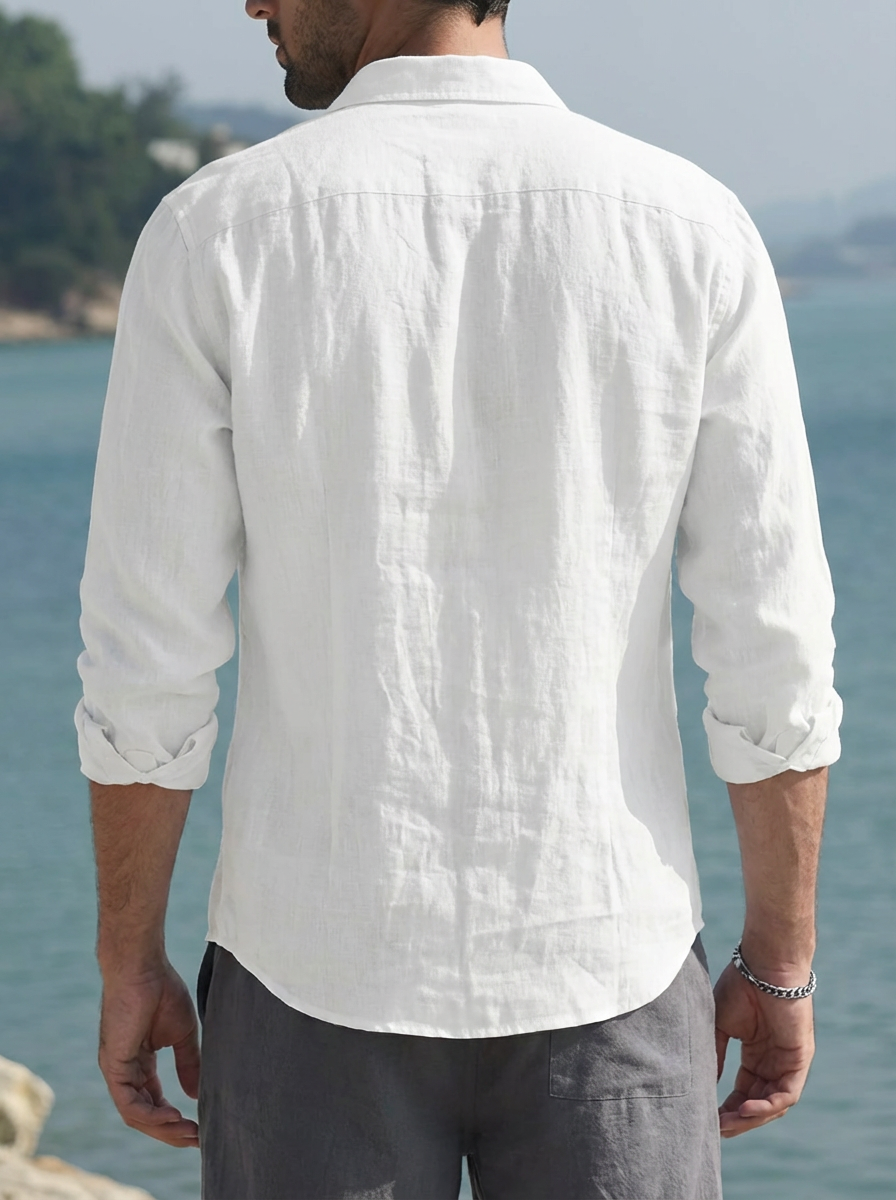 Vintage Solid Linen Shirt with Turn-Down Collar