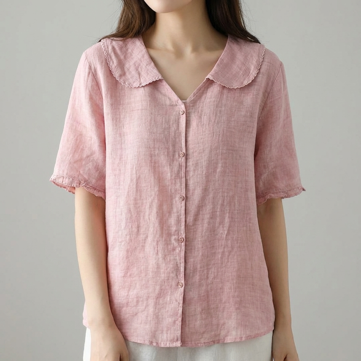 Women's cotton and linen retro short sleeved navy doll collar thin shirt
