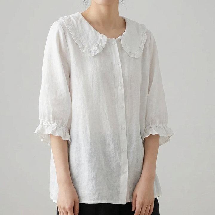 Women's Cotton Linen Loose Peter Pan Ruffle Neck Shirt