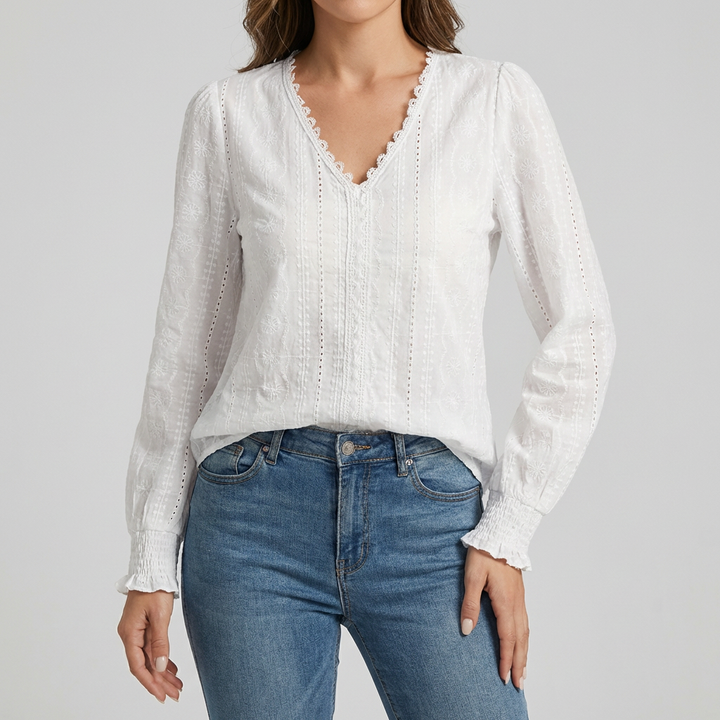 Women's V-Neck Lace Trim Blouse & Long Sleeves