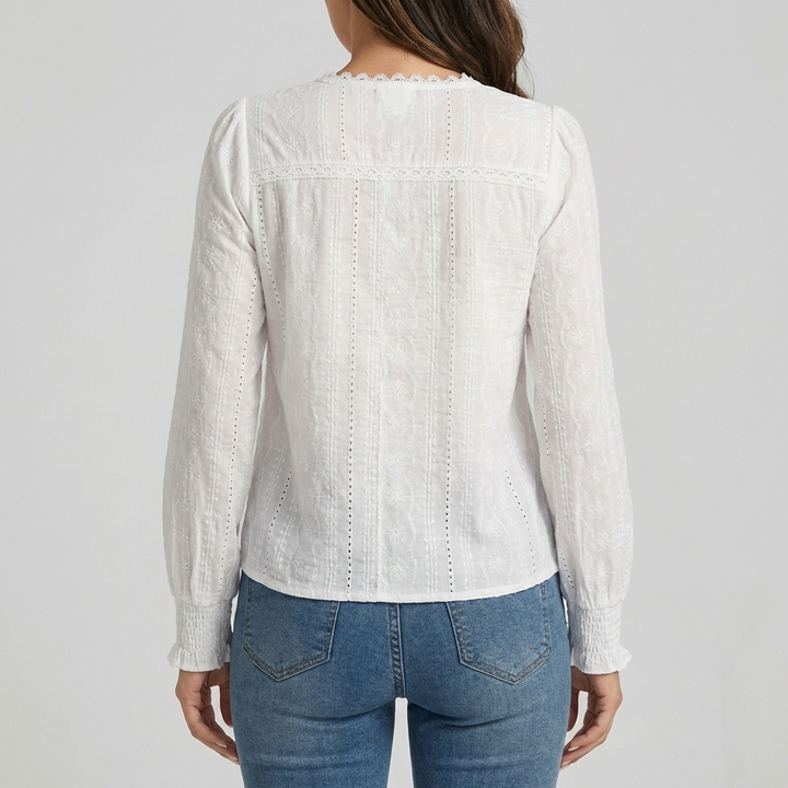 Women's V-Neck Lace Trim Blouse & Long Sleeves