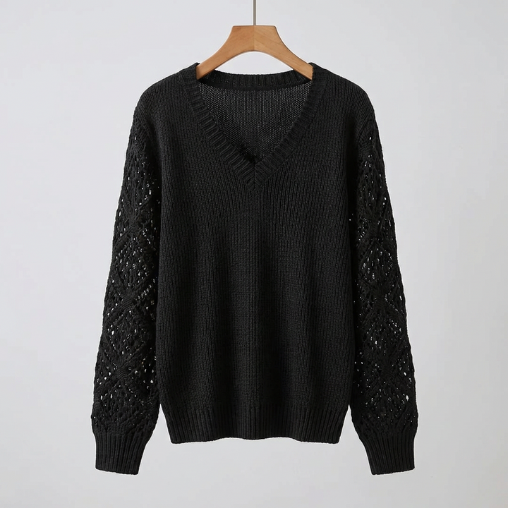 Women's Fine Knit Sweater with V-Neck and Long Sleeves