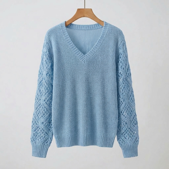 Women's Fine Knit Sweater with V-Neck and Long Sleeves