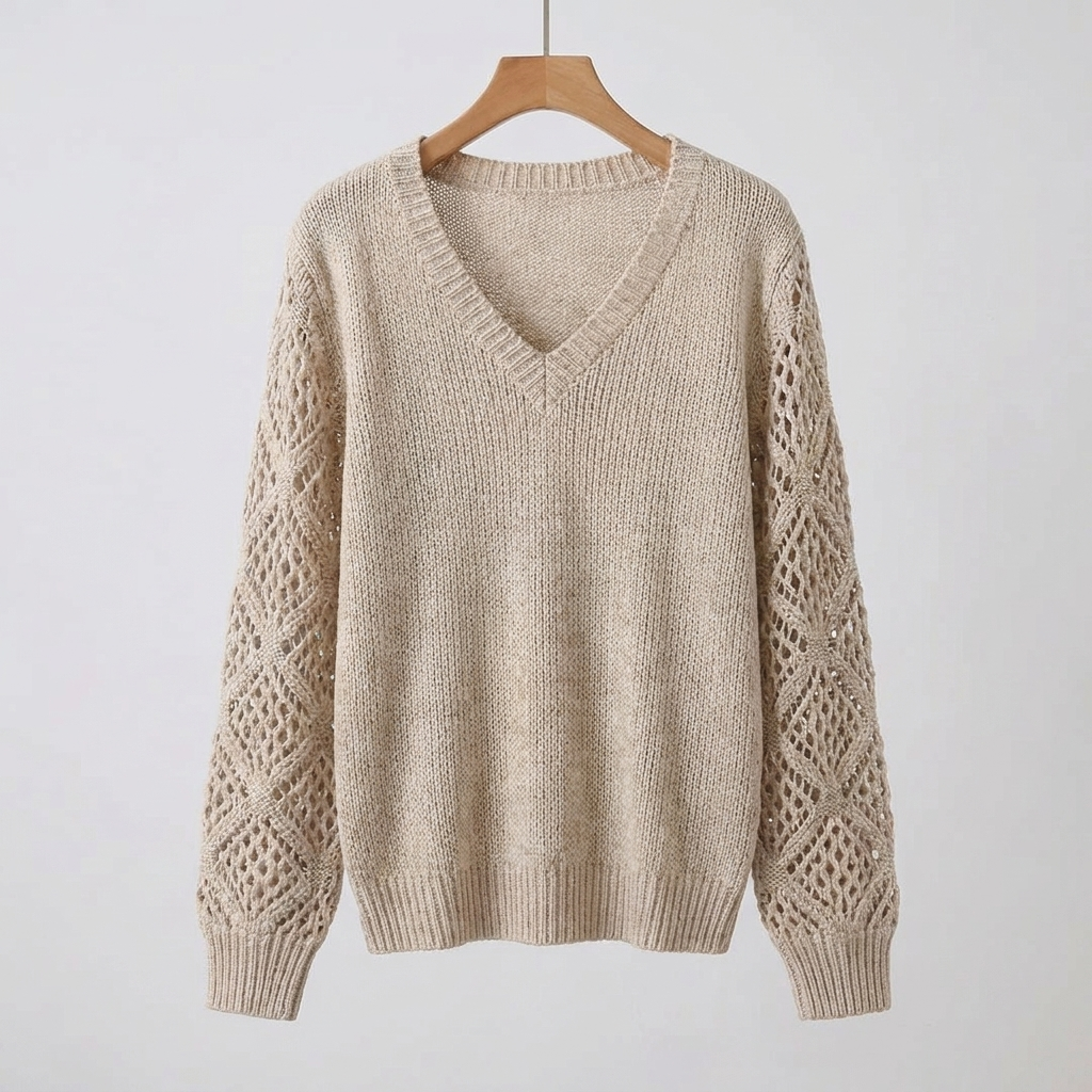 Women's Fine Knit Sweater with V-Neck and Long Sleeves