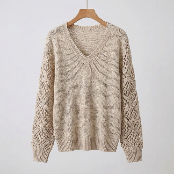 Women's Fine Knit Sweater with V-Neck and Long Sleeves