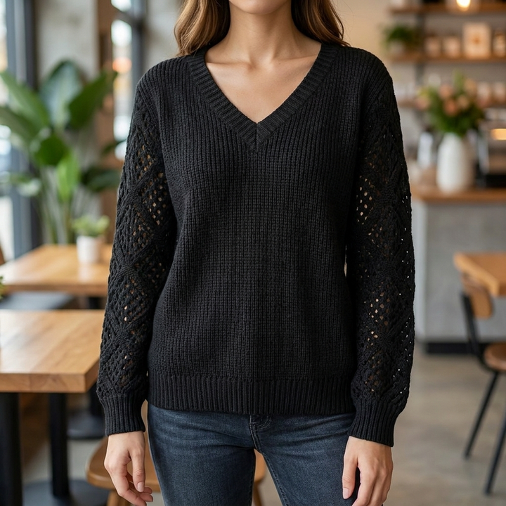 Women's Fine Knit Sweater with V-Neck and Long Sleeves