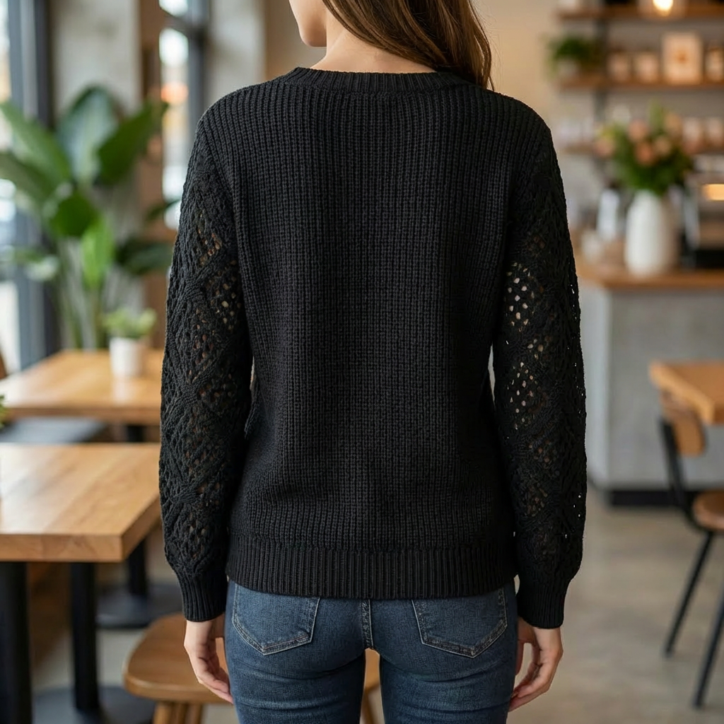 Women's Fine Knit Sweater with V-Neck and Long Sleeves