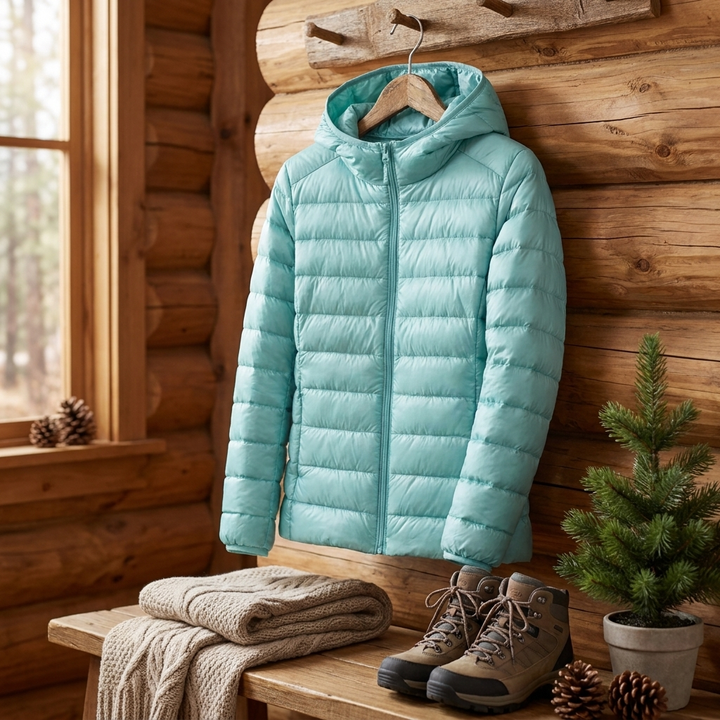 Ultra-Light, Packable Down Coat with Hood for Women