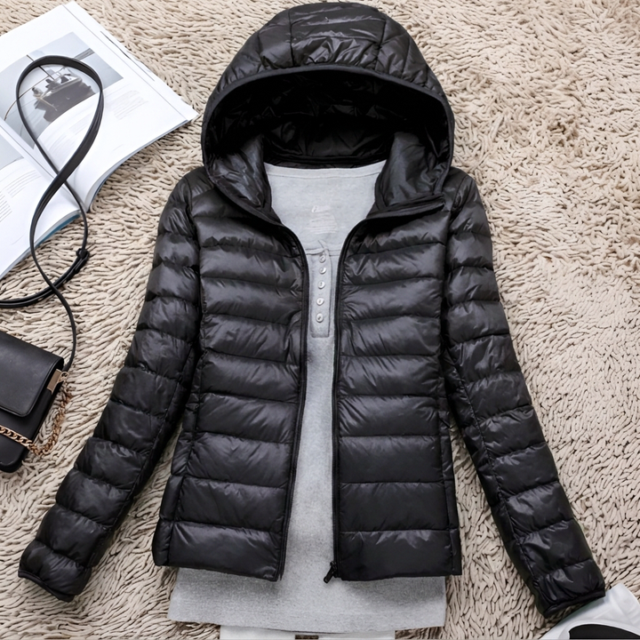 Ultra-Light, Packable Down Coat with Hood for Women