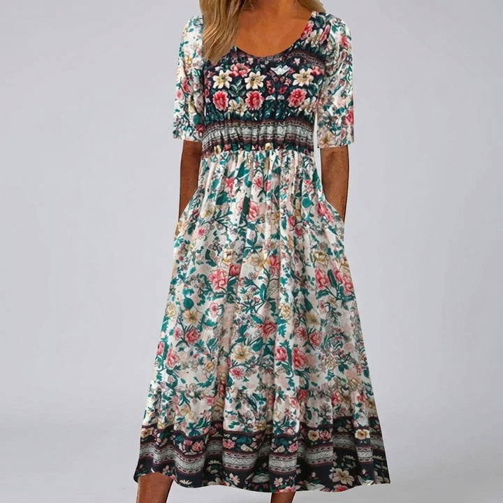 Boho Printed Square Neck Midi Dress
