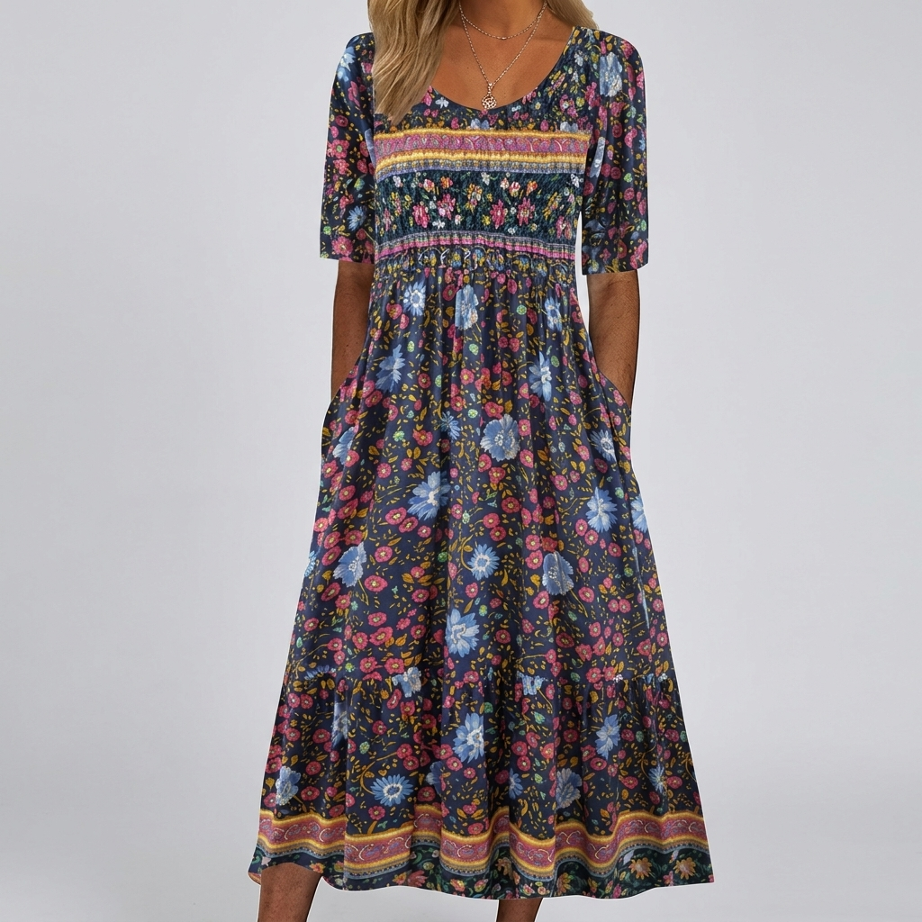 Boho Printed Square Neck Midi Dress